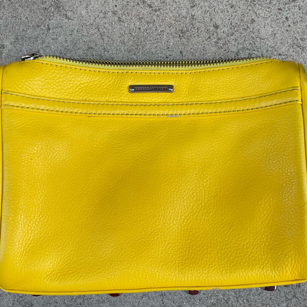 Canary Yellow Leather 5 Zip, Silver Chain Crossbody - Picture 8 of 13